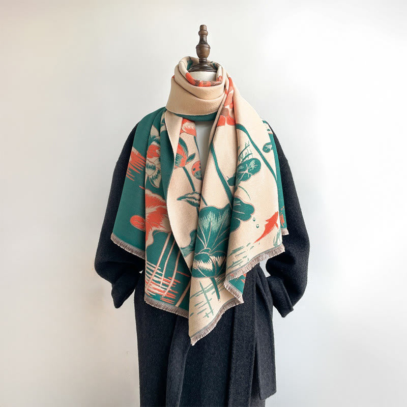 Nimara Ritual Fall Lotus Koi Fish Dragonfly Pattern Cozy Scarf Shawl