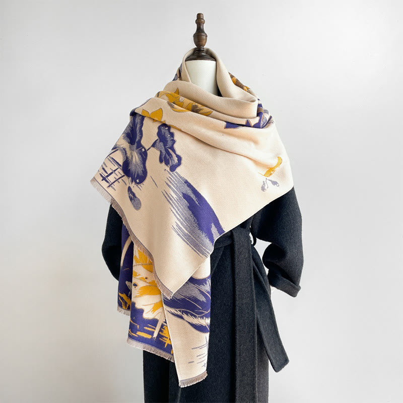 Nimara Ritual Fall Lotus Koi Fish Dragonfly Pattern Cozy Scarf Shawl
