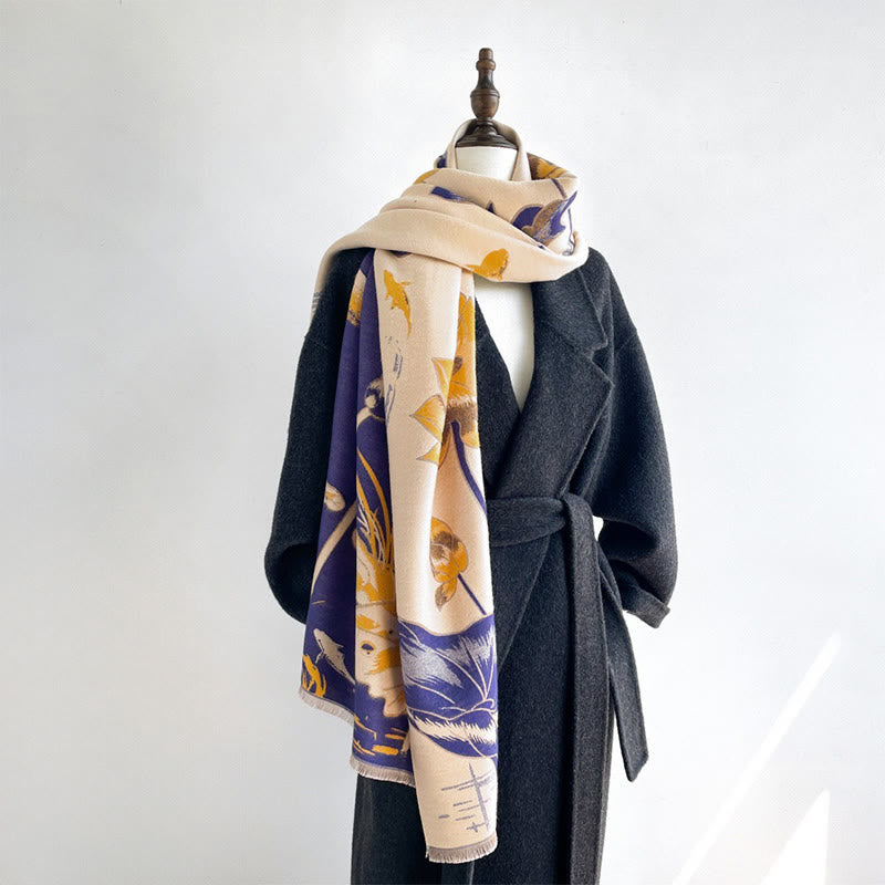 Nimara Ritual Fall Lotus Koi Fish Dragonfly Pattern Cozy Scarf Shawl