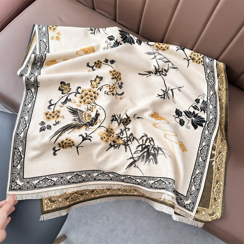 Nimara Ritual Winter Birds Bamboo Leaves Vines Pattern Soft Scarf Shawl