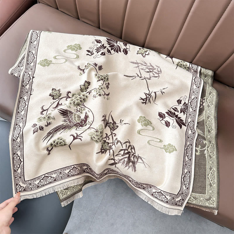 Nimara Ritual Winter Birds Bamboo Leaves Vines Pattern Soft Scarf Shawl