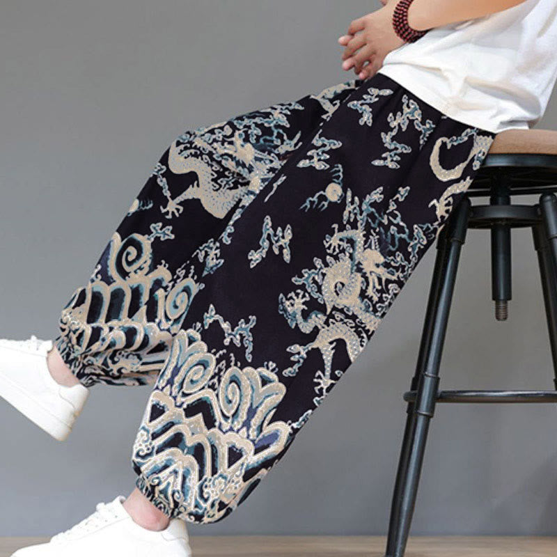 Nimara Ritual Summer Dragon Drawstring Design Cotton Linen Men's Harem Pants With Pockets