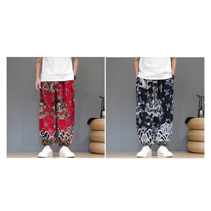 Nimara Ritual Summer Dragon Drawstring Design Cotton Linen Men's Harem Pants With Pockets