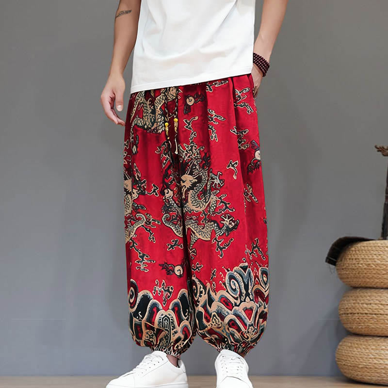 Nimara Ritual Summer Dragon Drawstring Design Cotton Linen Men's Harem Pants With Pockets
