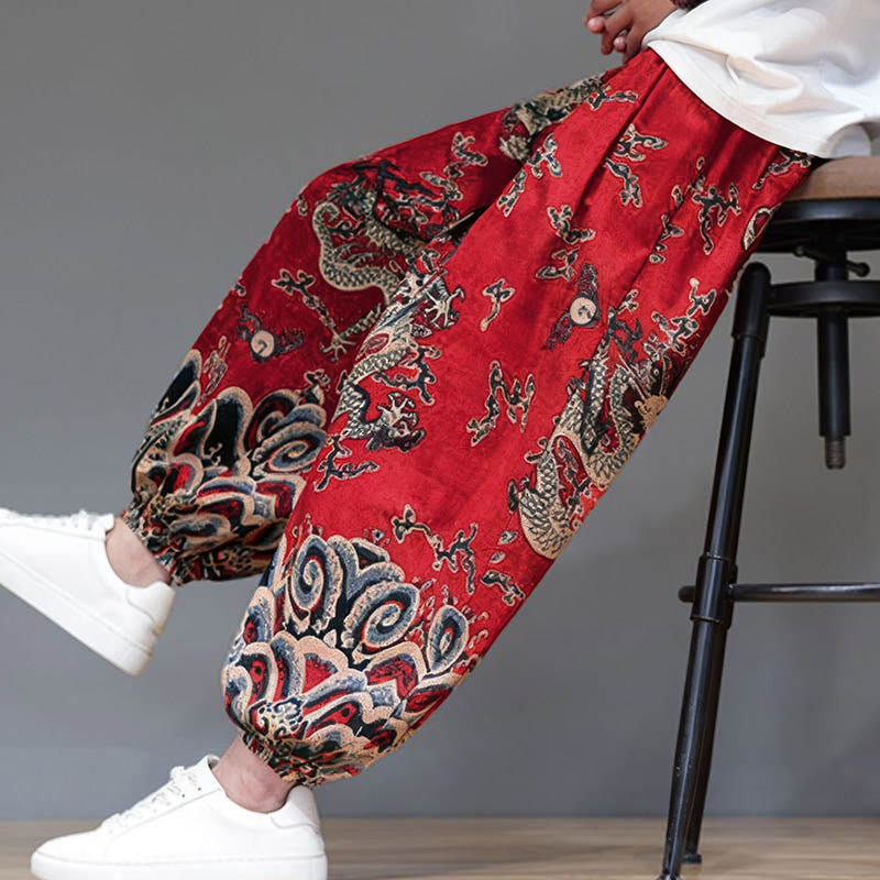 Nimara Ritual Summer Dragon Drawstring Design Cotton Linen Men's Harem Pants With Pockets