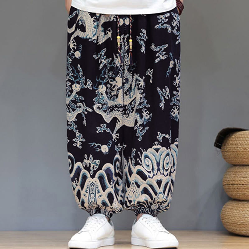 Nimara Ritual Summer Dragon Drawstring Design Cotton Linen Men's Harem Pants With Pockets