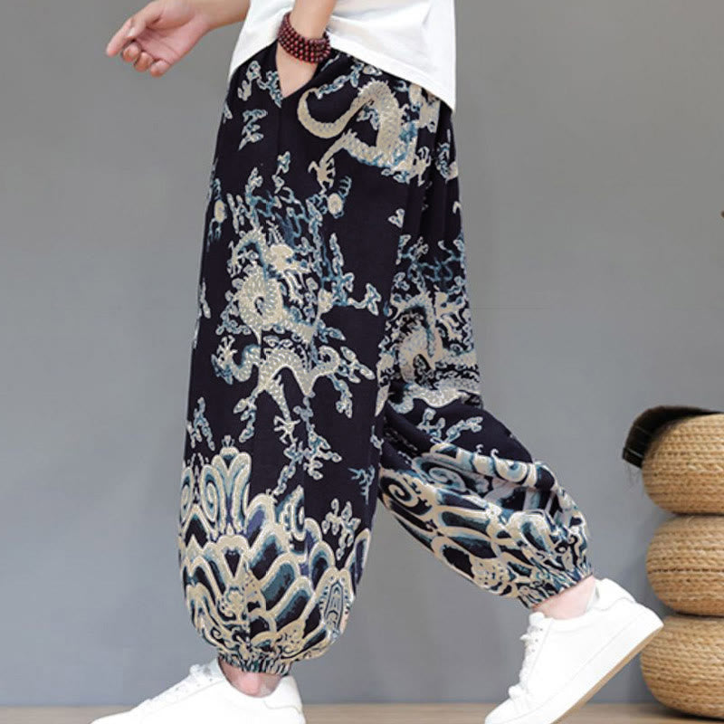 Nimara Ritual Summer Dragon Drawstring Design Cotton Linen Men's Harem Pants With Pockets