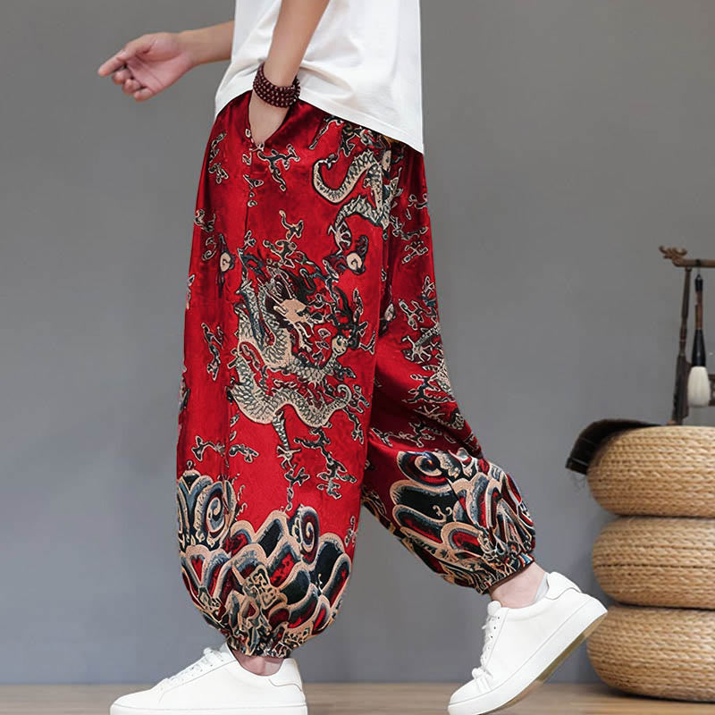 Nimara Ritual Summer Dragon Drawstring Design Cotton Linen Men's Harem Pants With Pockets