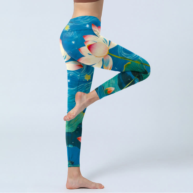Nimara Ritual Lotus Flowers Starry Sky Pattern Print Gym Leggings Women's Yoga Pants