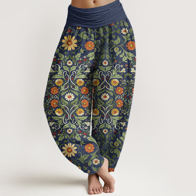 Nimara Ritual Pure Cotton Colorful Flowers Vines Women's Elastic Waist Harem Pants