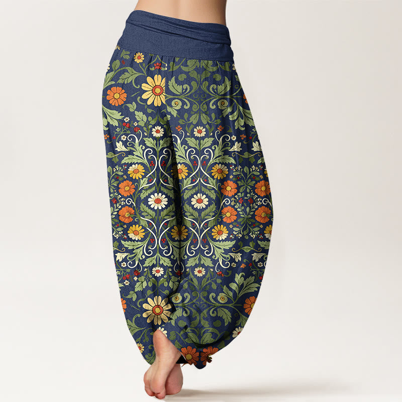 Nimara Ritual Pure Cotton Colorful Flowers Vines Women's Elastic Waist Harem Pants
