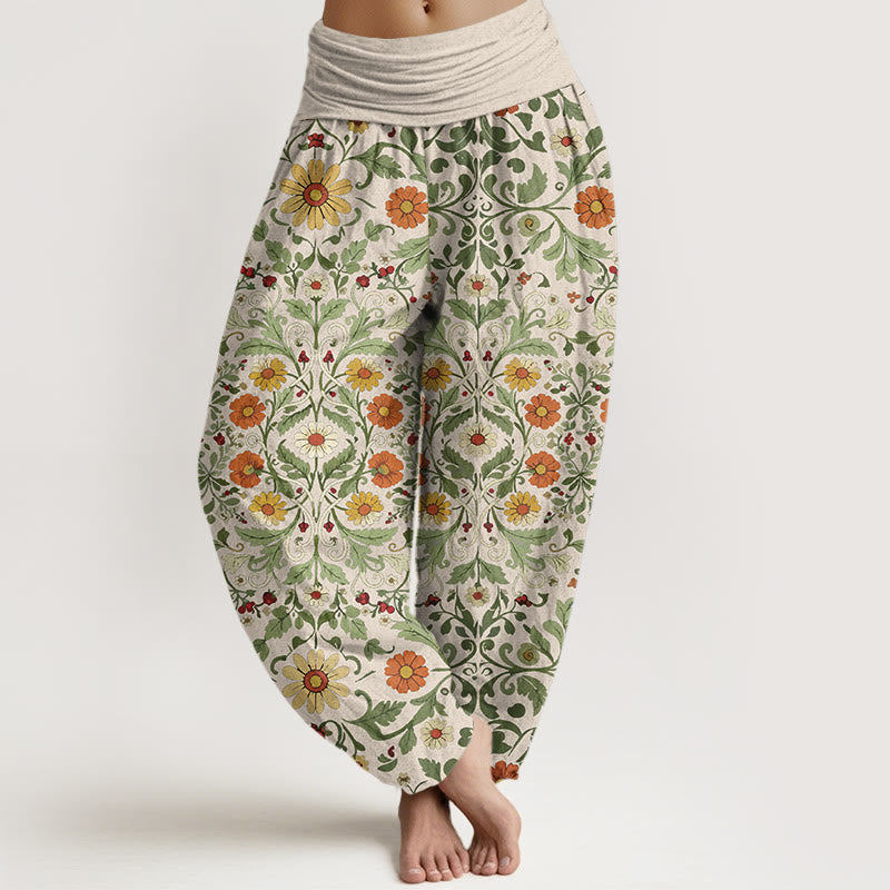 Nimara Ritual Pure Cotton Colorful Flowers Vines Women's Elastic Waist Harem Pants