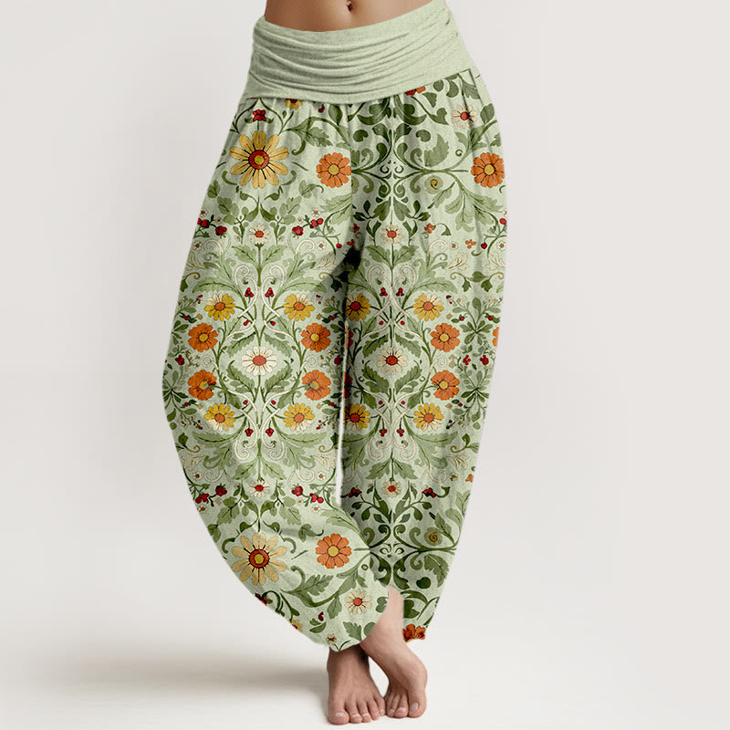 Nimara Ritual Pure Cotton Colorful Flowers Vines Women's Elastic Waist Harem Pants