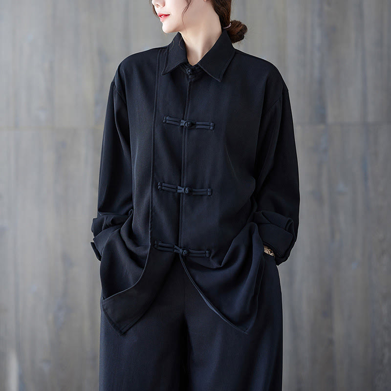 Nimara Ritual Black Plain Frog-Button Lapel Women's Cotton Long Sleeve Shirt