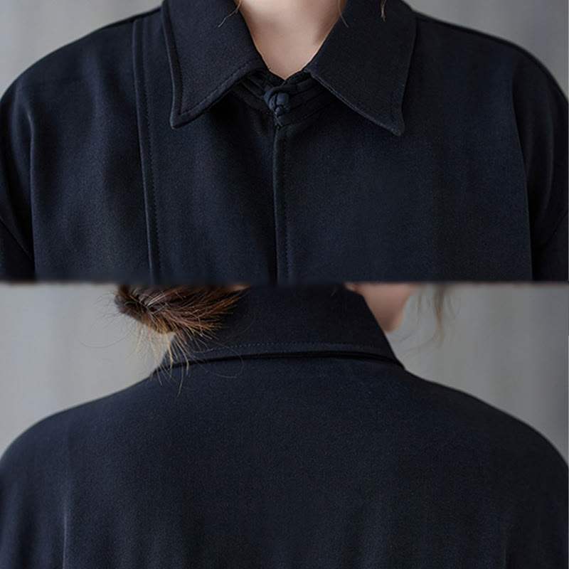 Nimara Ritual Black Plain Frog-Button Lapel Women's Cotton Long Sleeve Shirt