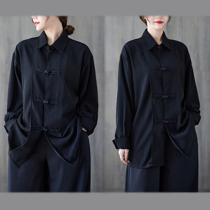 Nimara Ritual Black Plain Frog-Button Lapel Women's Cotton Long Sleeve Shirt