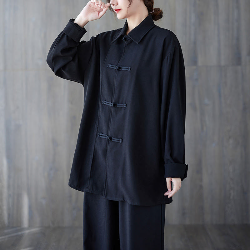 Nimara Ritual Black Plain Frog-Button Lapel Women's Cotton Long Sleeve Shirt