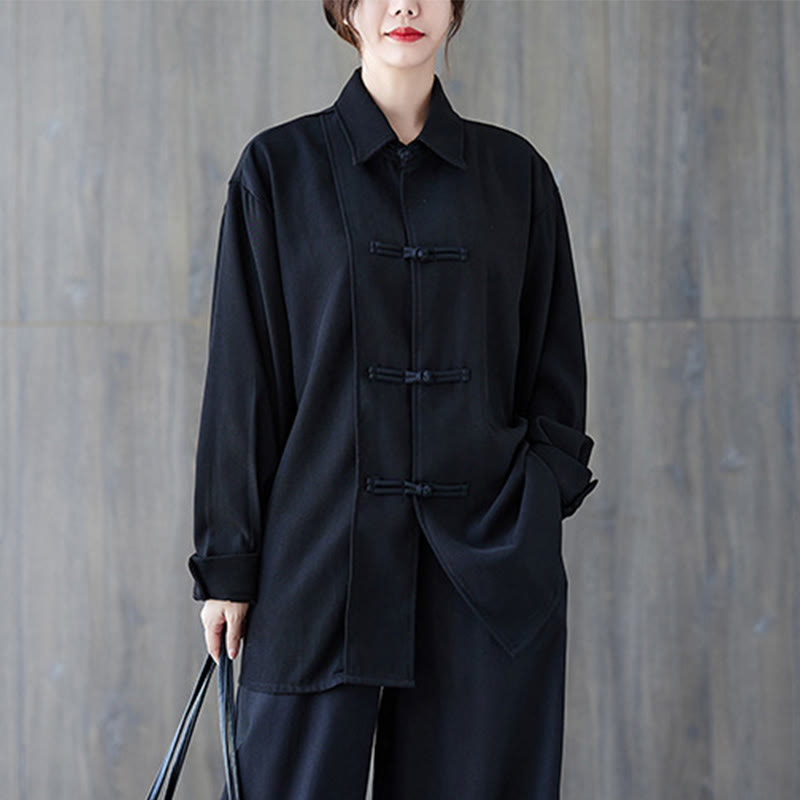 Nimara Ritual Black Plain Frog-Button Lapel Women's Cotton Long Sleeve Shirt