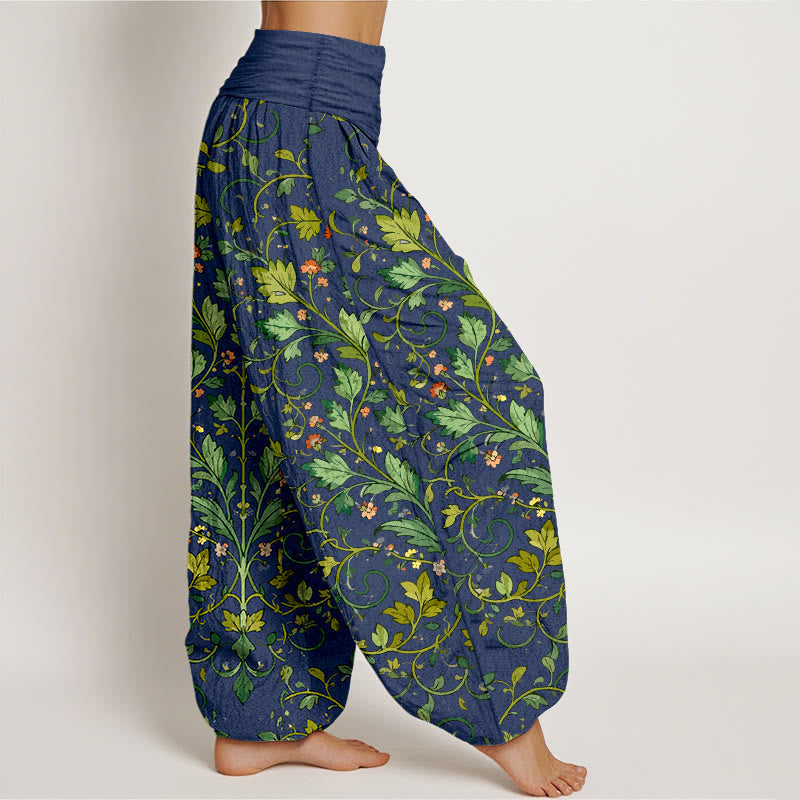 Nimara Ritual Pure Cotton Classical Symmetrical Plant Leaf Pattern Women's Elastic Waist Harem Pants