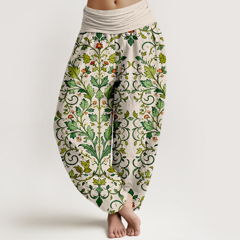 Nimara Ritual Pure Cotton Classical Symmetrical Plant Leaf Pattern Women's Elastic Waist Harem Pants