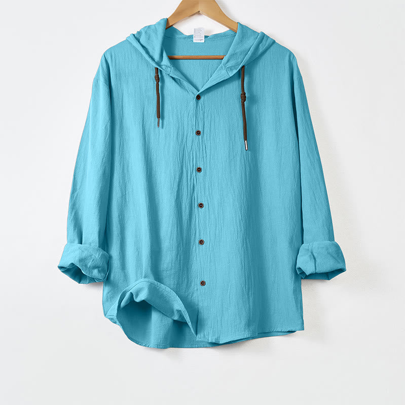 Nimara Ritual Solid Color Long Sleeve Hooded Drawstring Buttons Men's Shirt