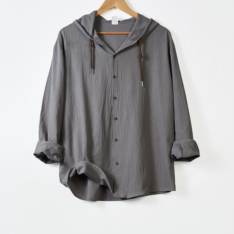 Nimara Ritual Solid Color Long Sleeve Hooded Drawstring Buttons Men's Shirt