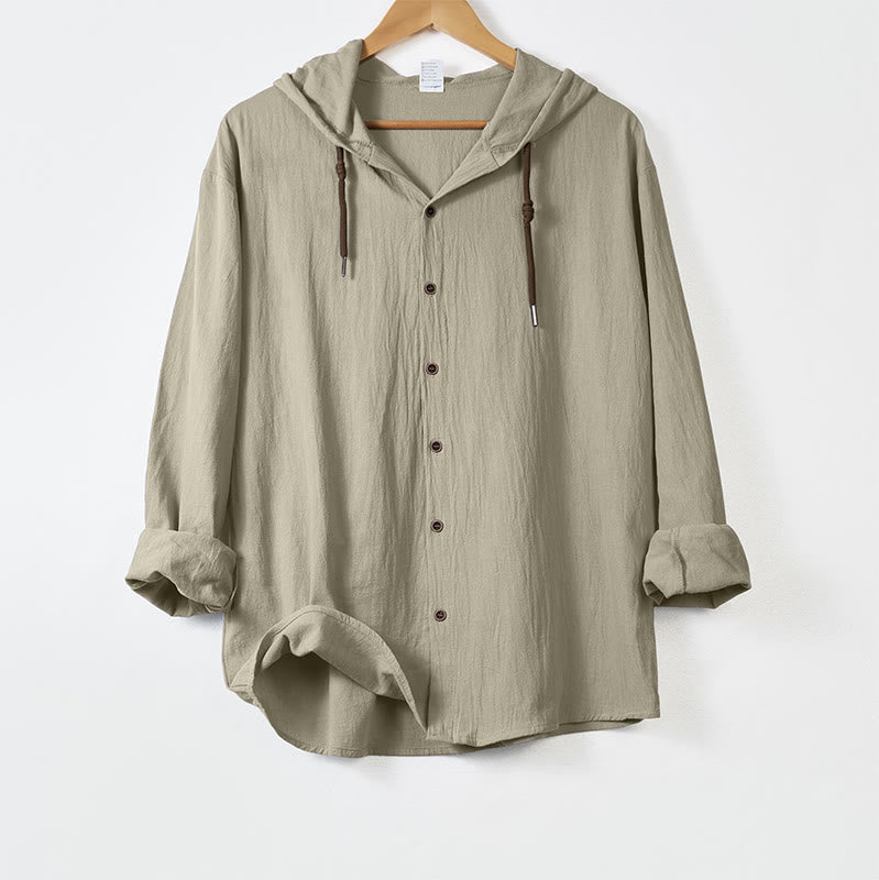 Nimara Ritual Solid Color Long Sleeve Hooded Drawstring Buttons Men's Shirt