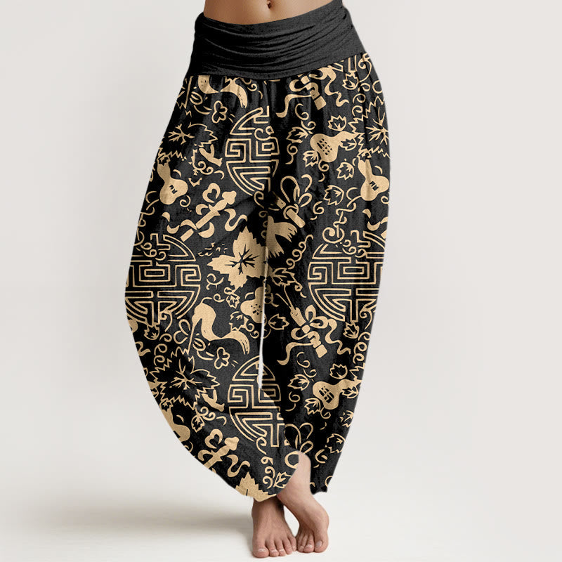 Nimara Ritual Pure Cotton Chinese Character Gourd Auspicious Pattern Women's Elastic Waist Harem Pants