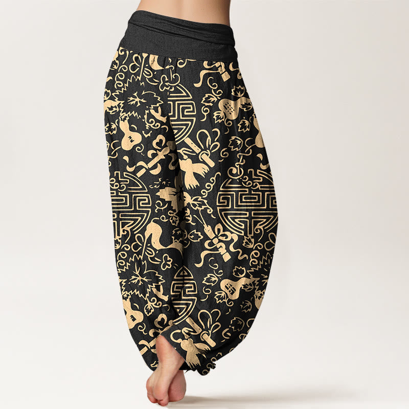 Nimara Ritual Pure Cotton Chinese Character Gourd Auspicious Pattern Women's Elastic Waist Harem Pants