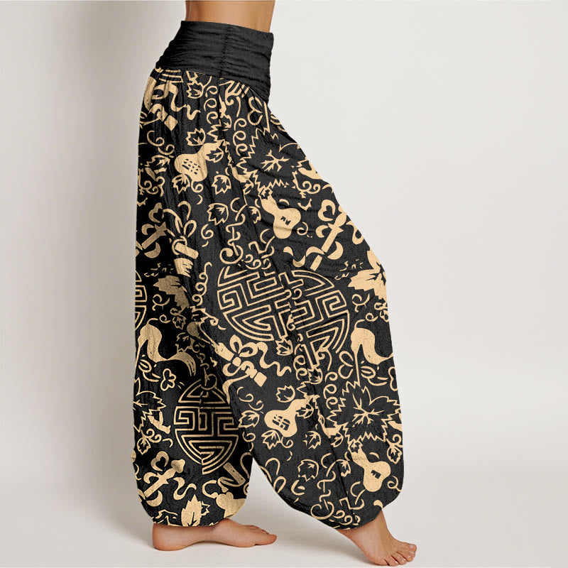 Nimara Ritual Pure Cotton Chinese Character Gourd Auspicious Pattern Women's Elastic Waist Harem Pants