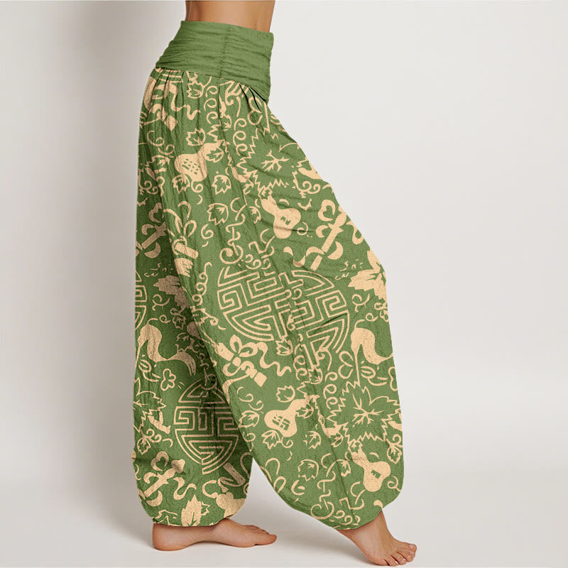 Nimara Ritual Pure Cotton Chinese Character Gourd Auspicious Pattern Women's Elastic Waist Harem Pants