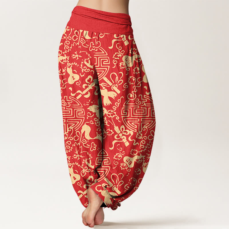 Nimara Ritual Pure Cotton Chinese Character Gourd Auspicious Pattern Women's Elastic Waist Harem Pants