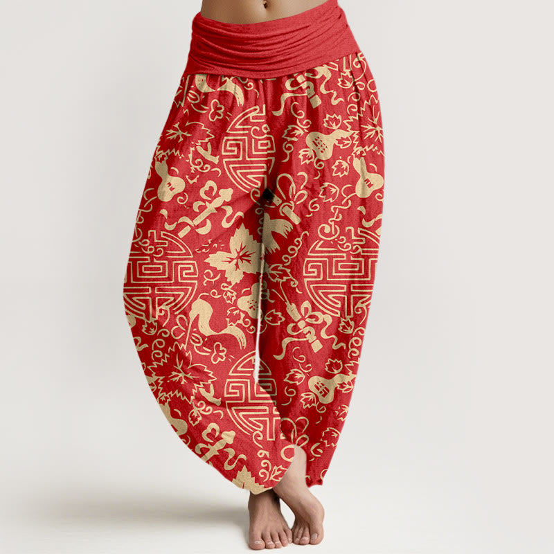 Nimara Ritual Pure Cotton Chinese Character Gourd Auspicious Pattern Women's Elastic Waist Harem Pants