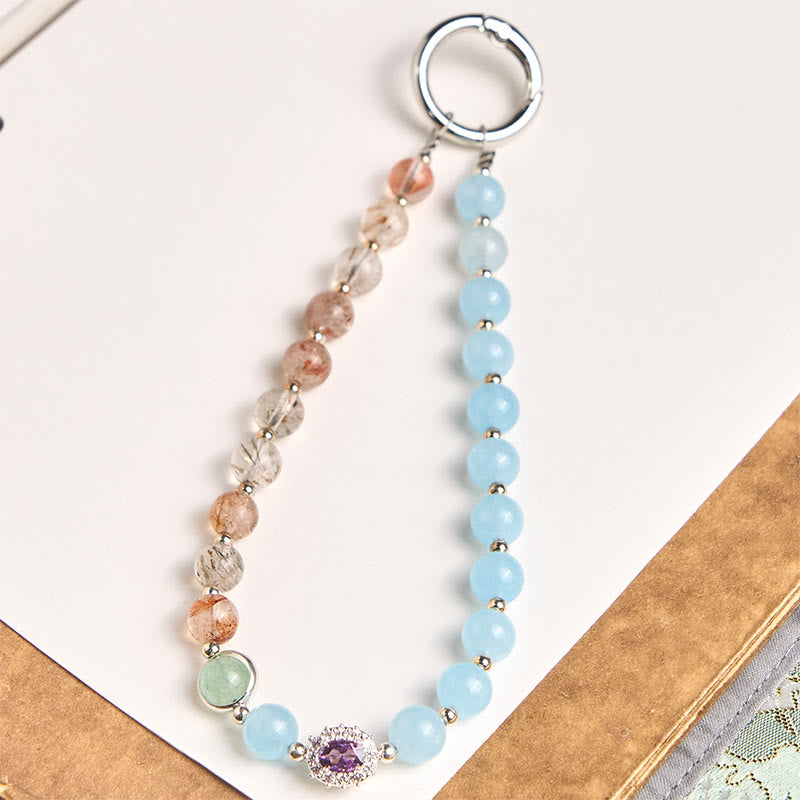 Nimara Ritual 8mm Blue Chalcedony Super Seven Crystal Energy Key Chain Phone Hanging Decoration