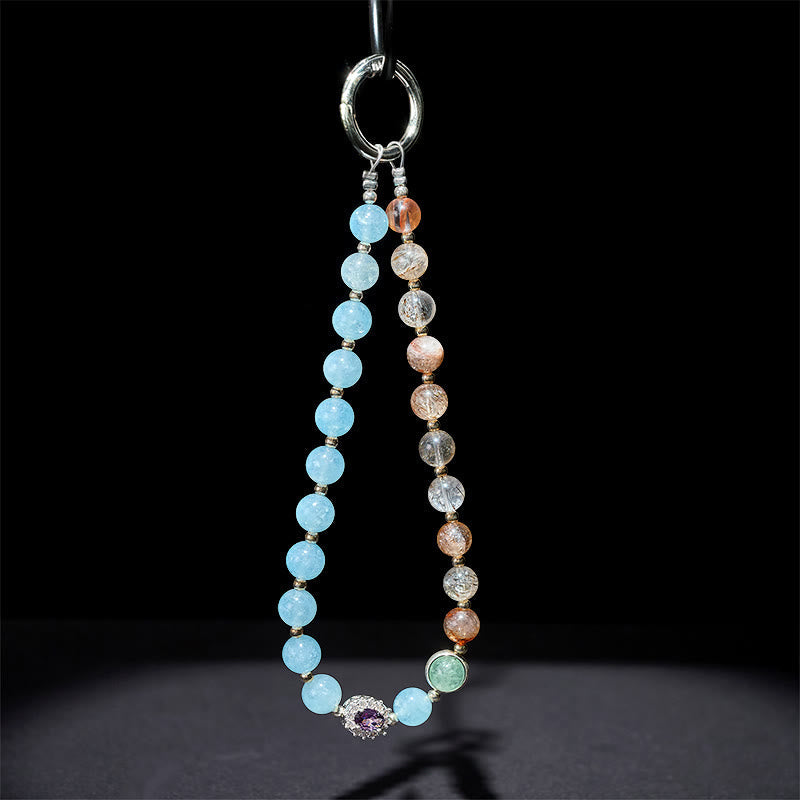 Nimara Ritual 8mm Blue Chalcedony Super Seven Crystal Energy Key Chain Phone Hanging Decoration