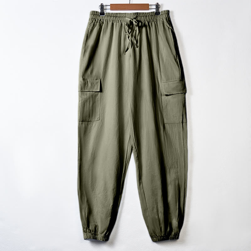 Nimara Ritual Solid Color Linen Drawstring Men's Cargo Pants With Pockets