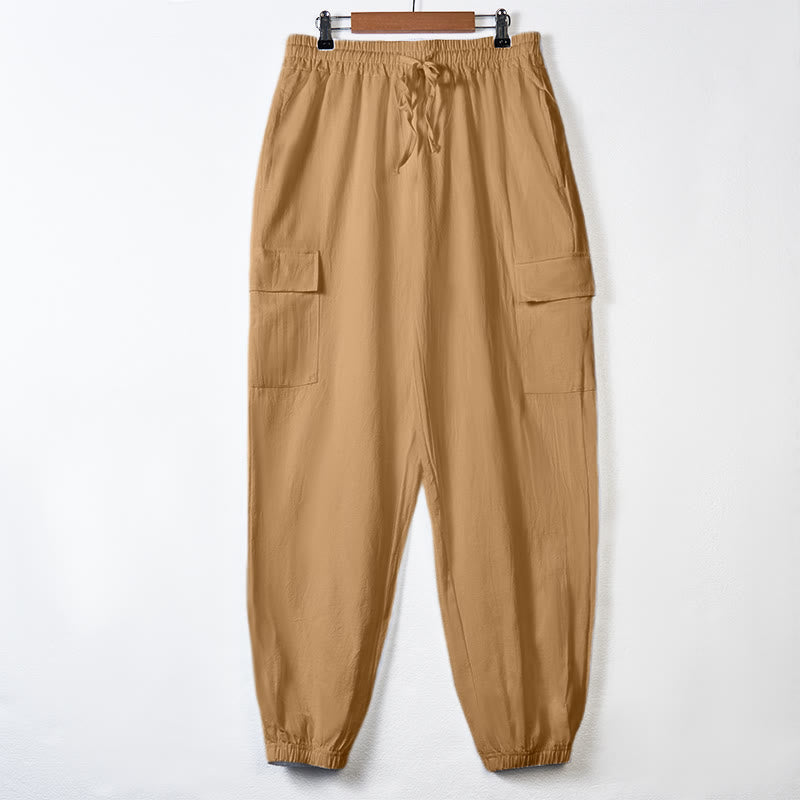Nimara Ritual Solid Color Linen Drawstring Men's Cargo Pants With Pockets
