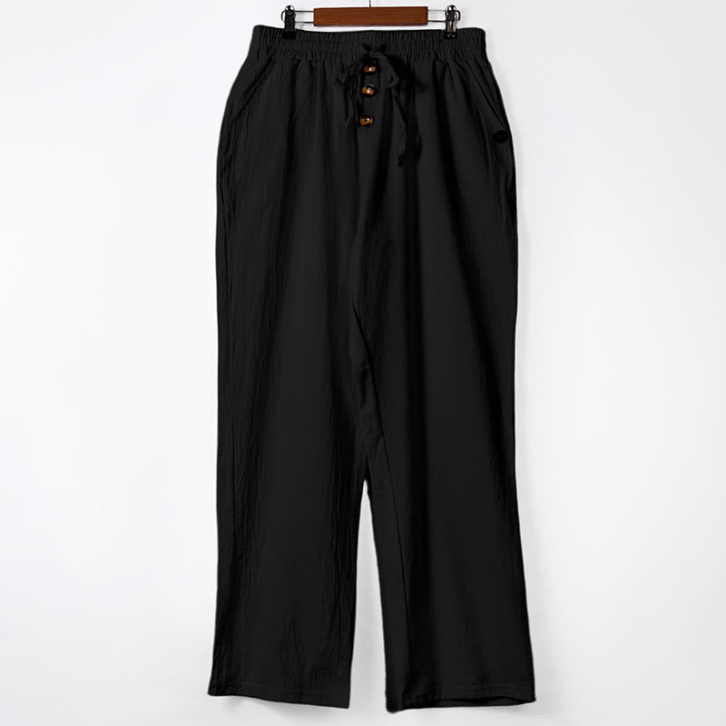 Nimara Ritual Solid Color Buttons Drawstring Men's Cotton Pants With Pockets