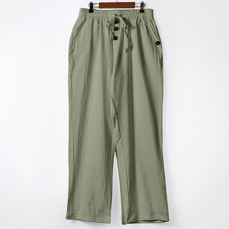 Nimara Ritual Solid Color Buttons Drawstring Men's Cotton Pants With Pockets