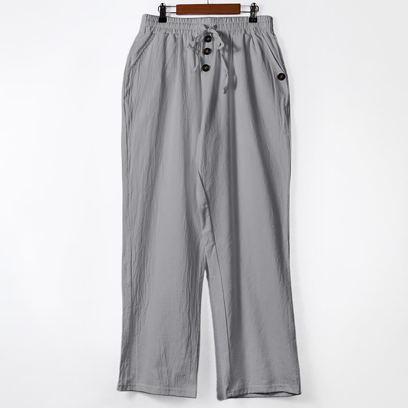 Nimara Ritual Solid Color Buttons Drawstring Men's Cotton Pants With Pockets