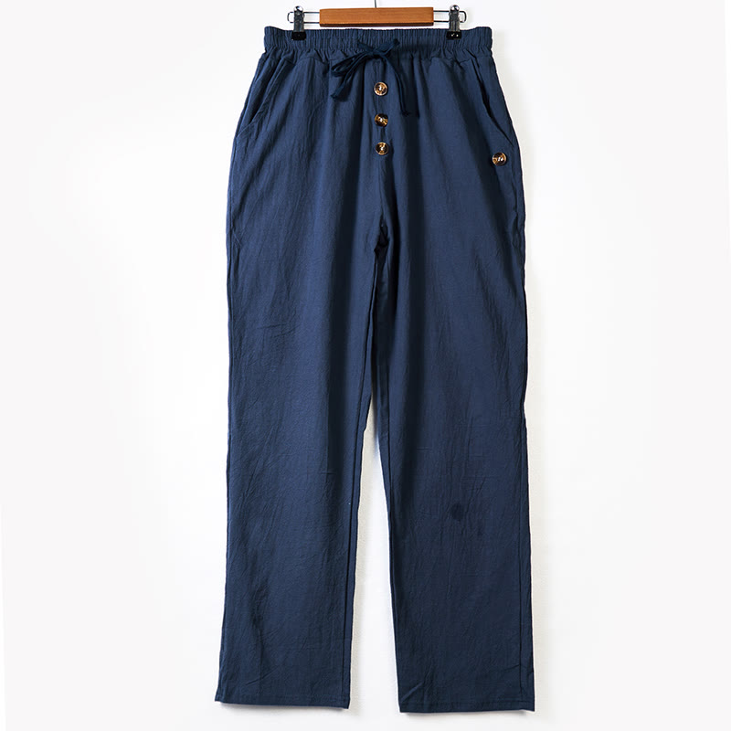 Nimara Ritual Solid Color Buttons Drawstring Men's Cotton Pants With Pockets