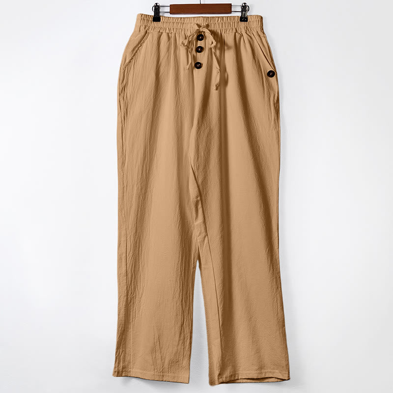 Nimara Ritual Solid Color Buttons Drawstring Men's Cotton Pants With Pockets