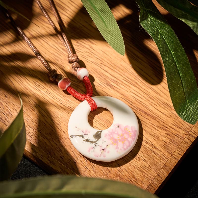 Nimara Ritual Ethnic Peony Peach Blossoms Lotus Symbol Ceramics Necklace Enlightenment Pendant