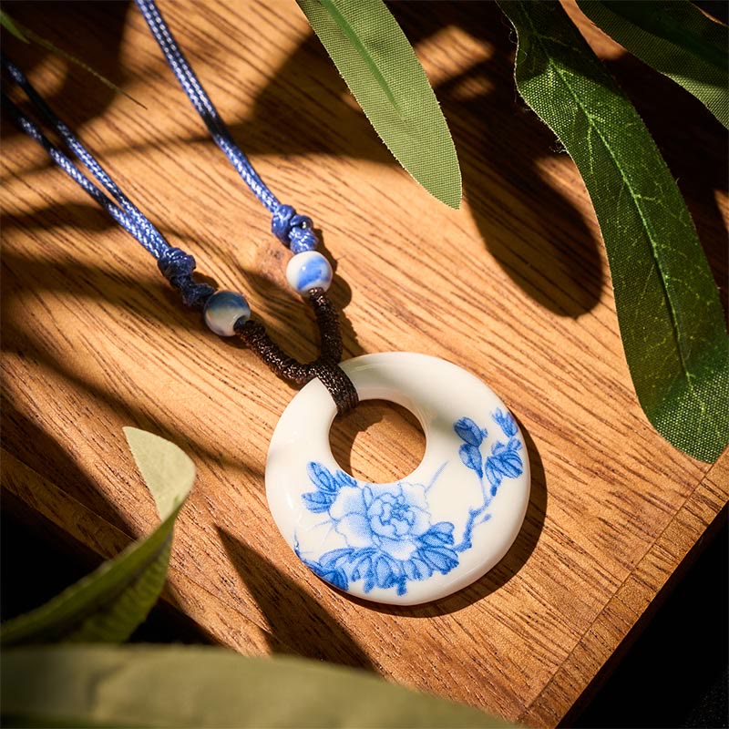Nimara Ritual Ethnic Peony Peach Blossoms Lotus Symbol Ceramics Necklace Enlightenment Pendant