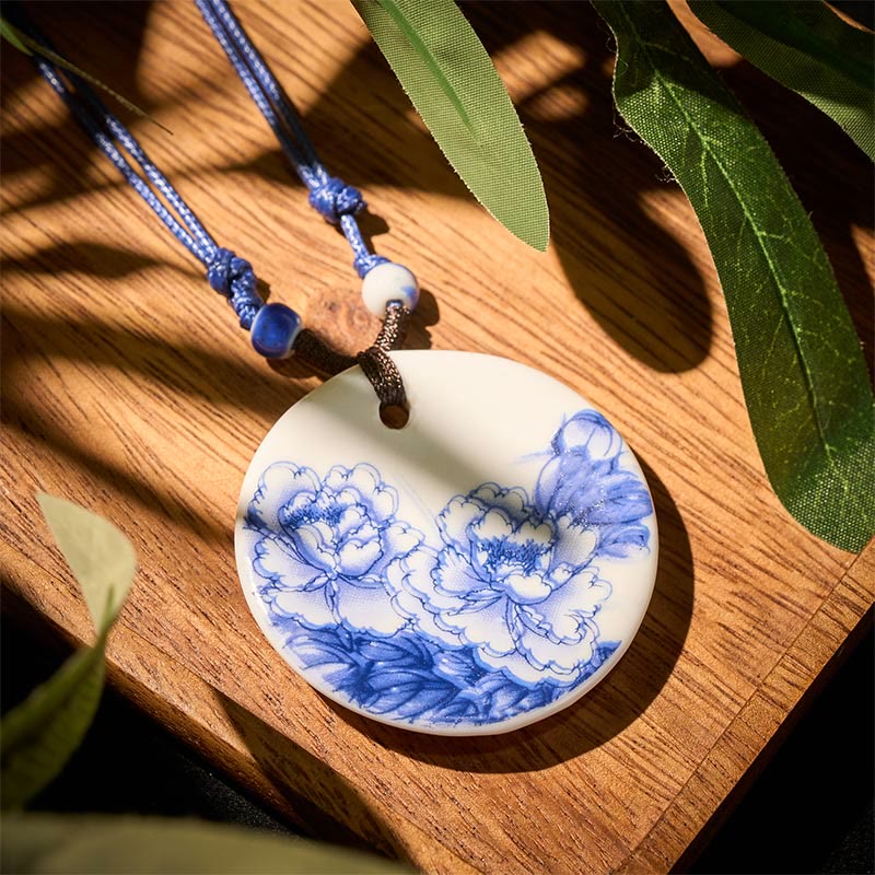 Nimara Ritual Ethnic Peony Peach Blossoms Lotus Symbol Ceramics Necklace Enlightenment Pendant