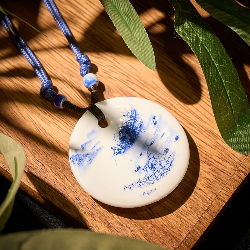 Nimara Ritual Ethnic Peony Peach Blossoms Lotus Symbol Ceramics Necklace Enlightenment Pendant