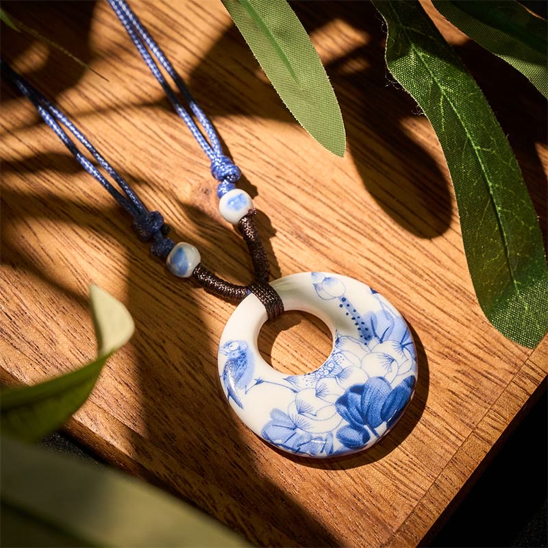 Nimara Ritual Ethnic Peony Peach Blossoms Lotus Symbol Ceramics Necklace Enlightenment Pendant