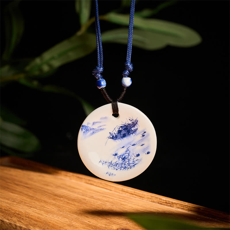 Nimara Ritual Ethnic Peony Peach Blossoms Lotus Symbol Ceramics Necklace Enlightenment Pendant