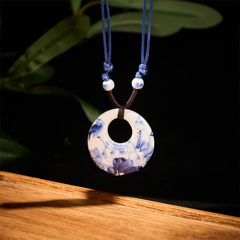Nimara Ritual Ethnic Peony Peach Blossoms Lotus Symbol Ceramics Necklace Enlightenment Pendant
