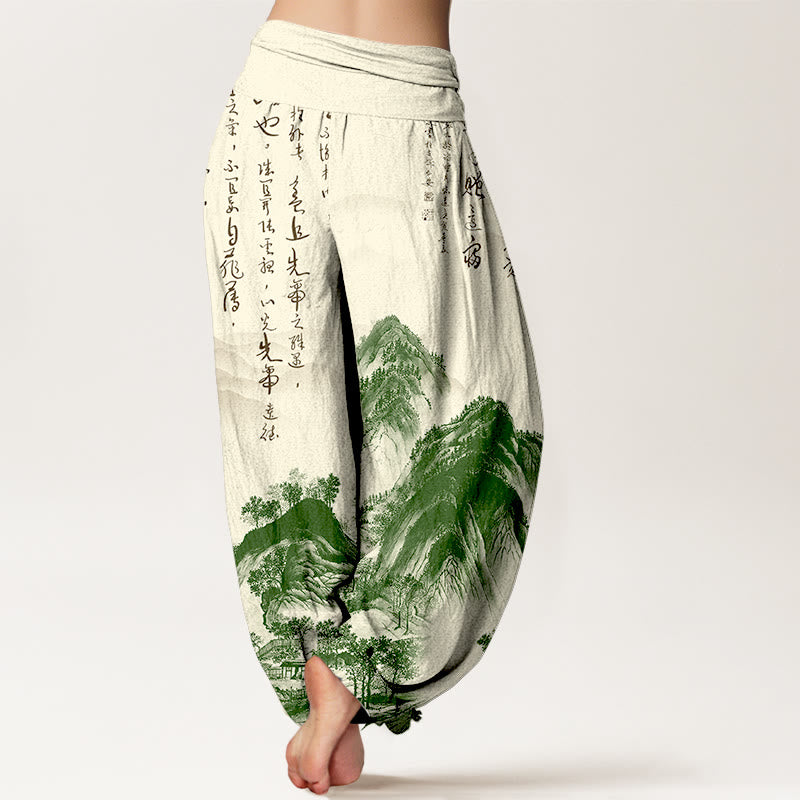 Nimara Ritual Pure Cotton Chinese Calligraphy Landscape Painting Women's Elastic Waist Harem Pants